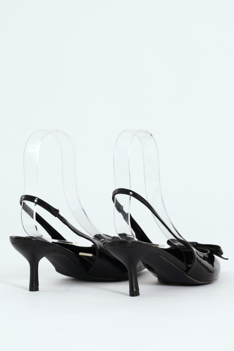 Kitten Slingback Heel With Slim Bow - Black