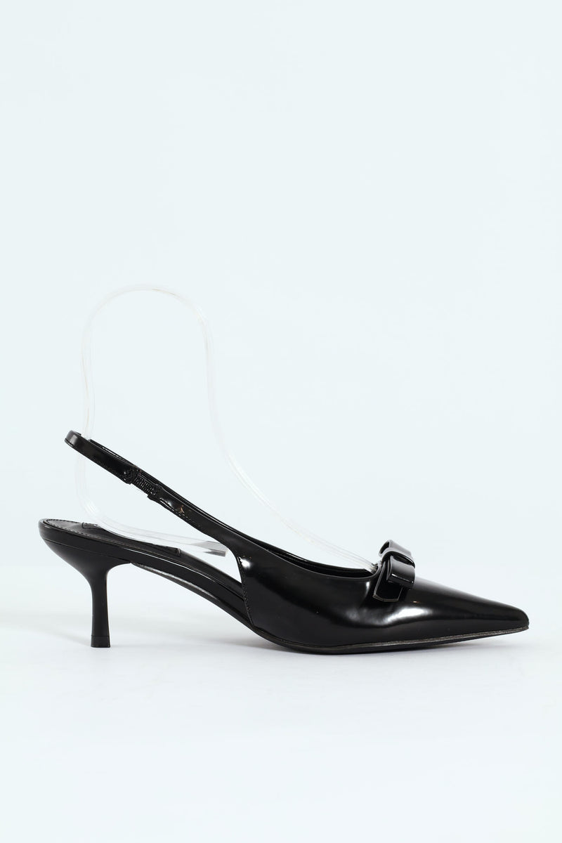 Kitten Slingback Heel With Slim Bow - Black