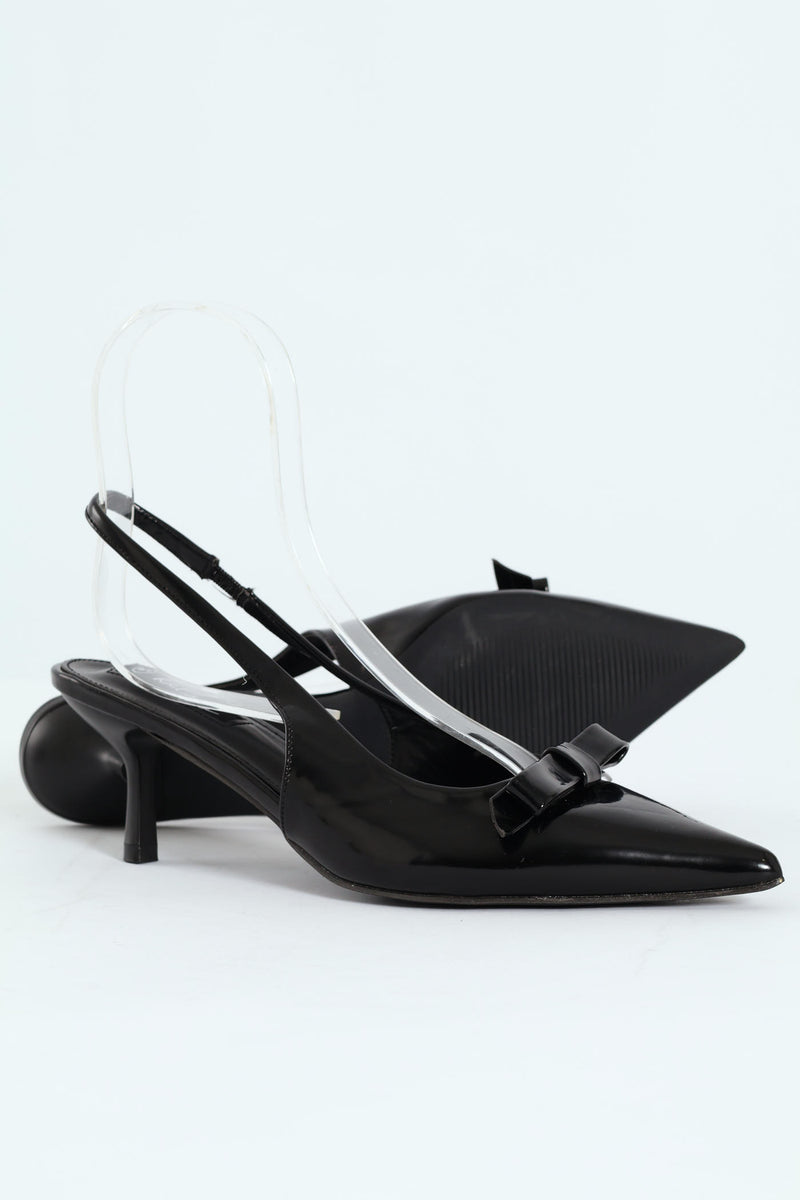 Kitten Slingback Heel With Slim Bow - Black