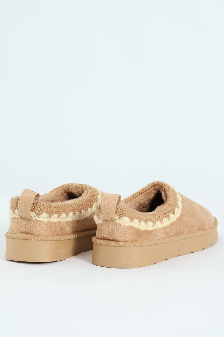 Embroidered Flatform Mule Slipper - Stone