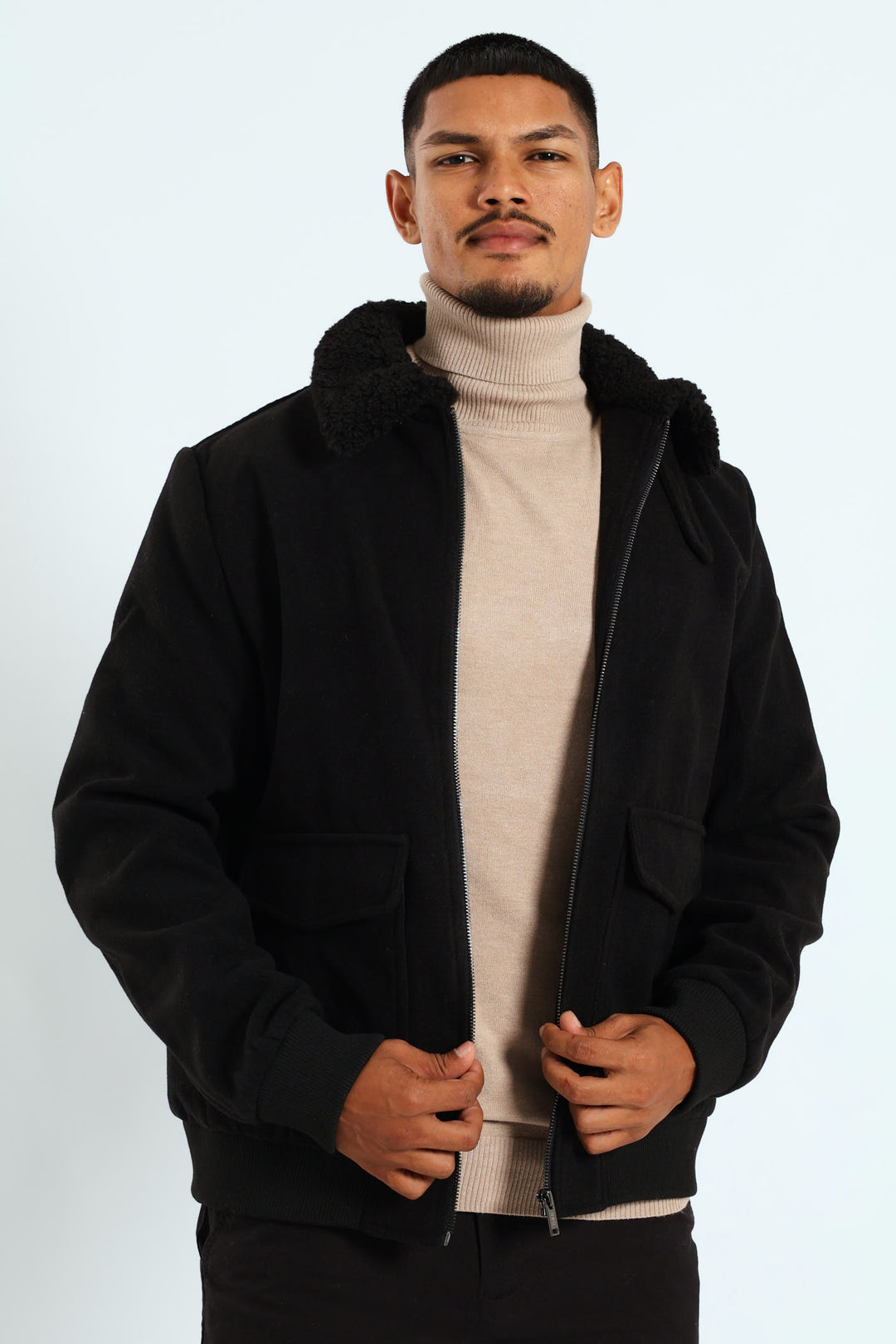Sherpa Collar Melton Jacket - Black