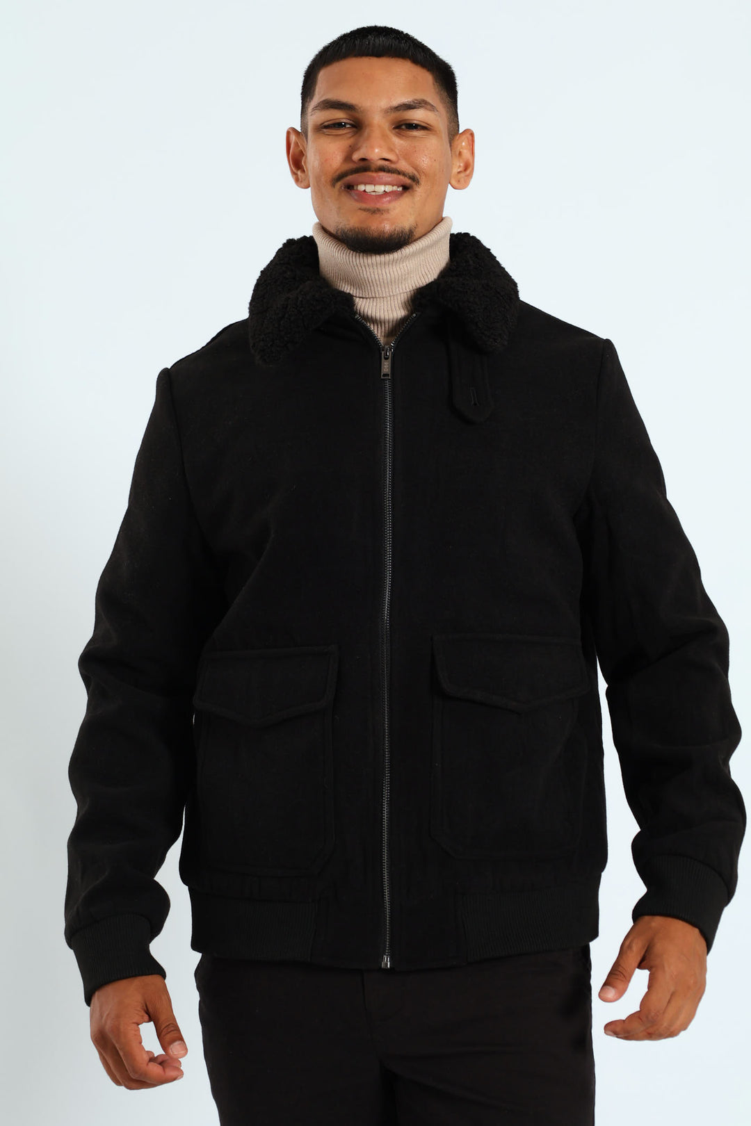 Sherpa Collar Melton Jacket - Black