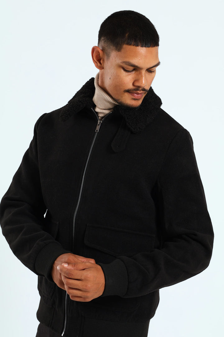 Sherpa Collar Melton Jacket - Black
