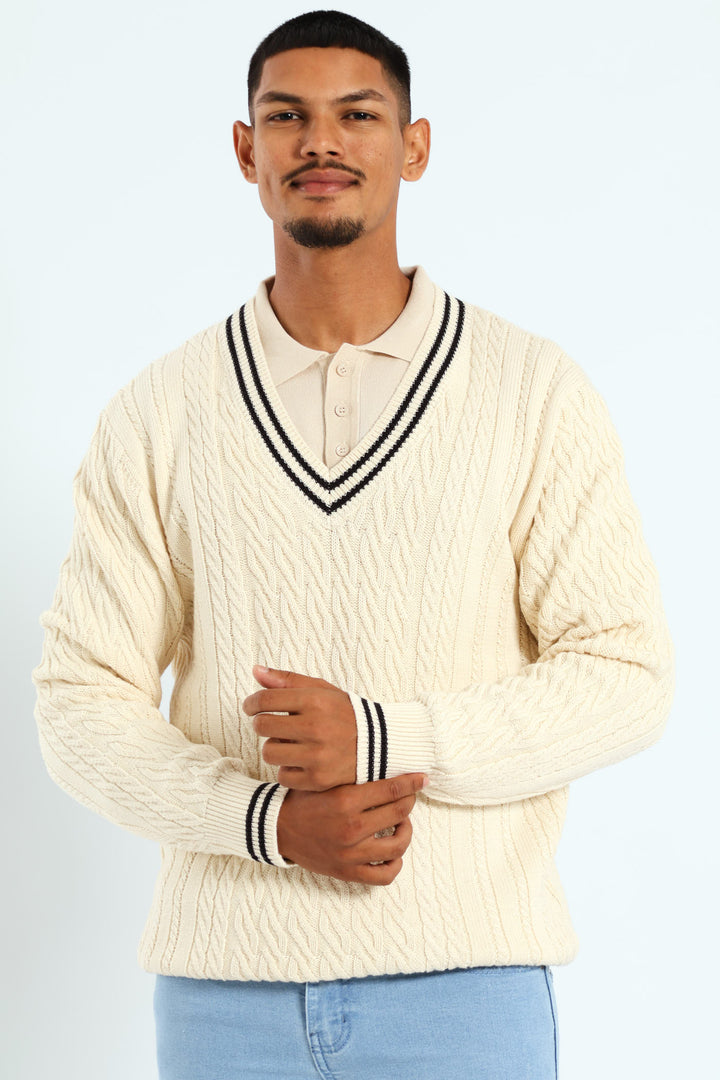 Cable V-Neck Jersey - Stone