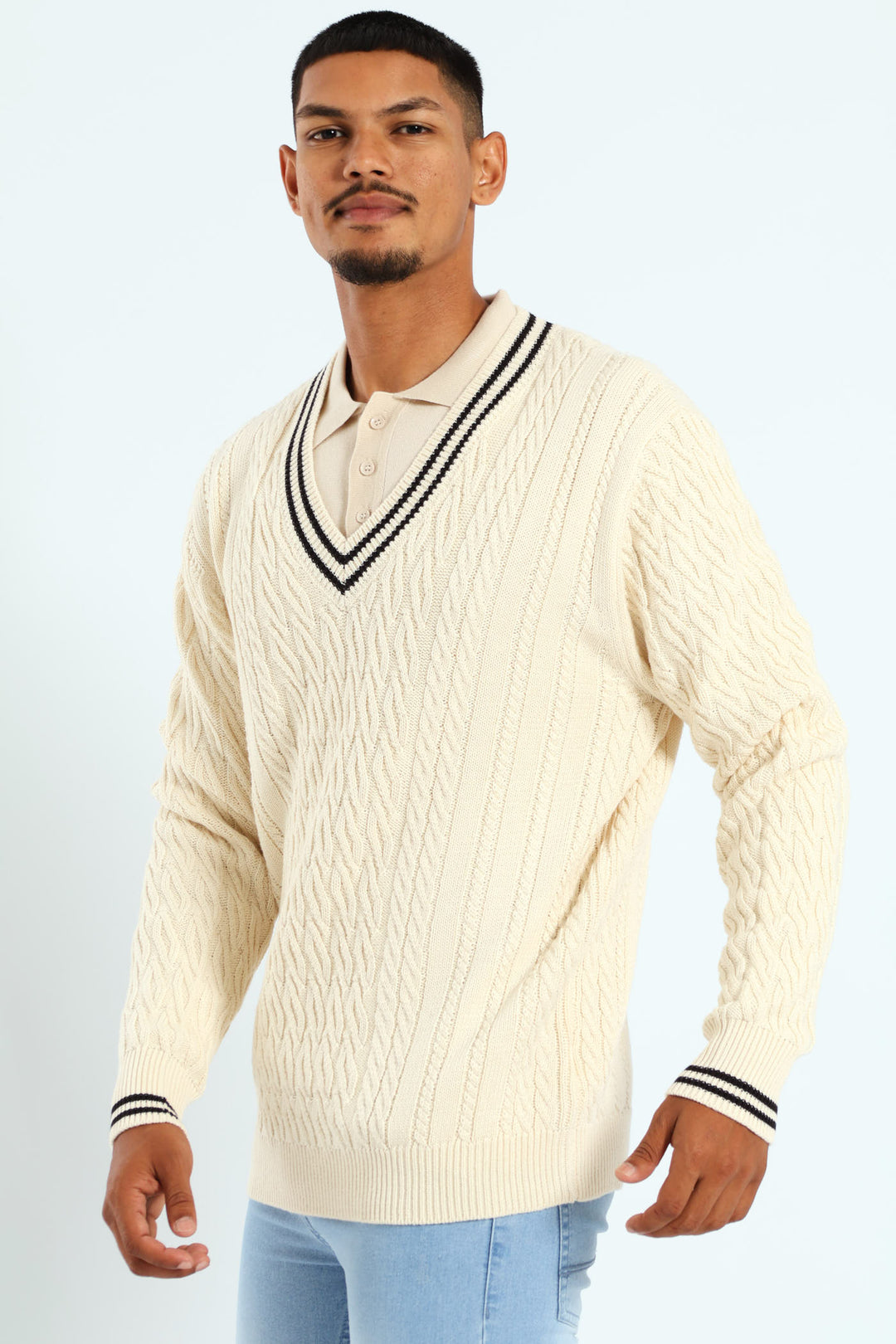 Cable V-Neck Jersey - Stone