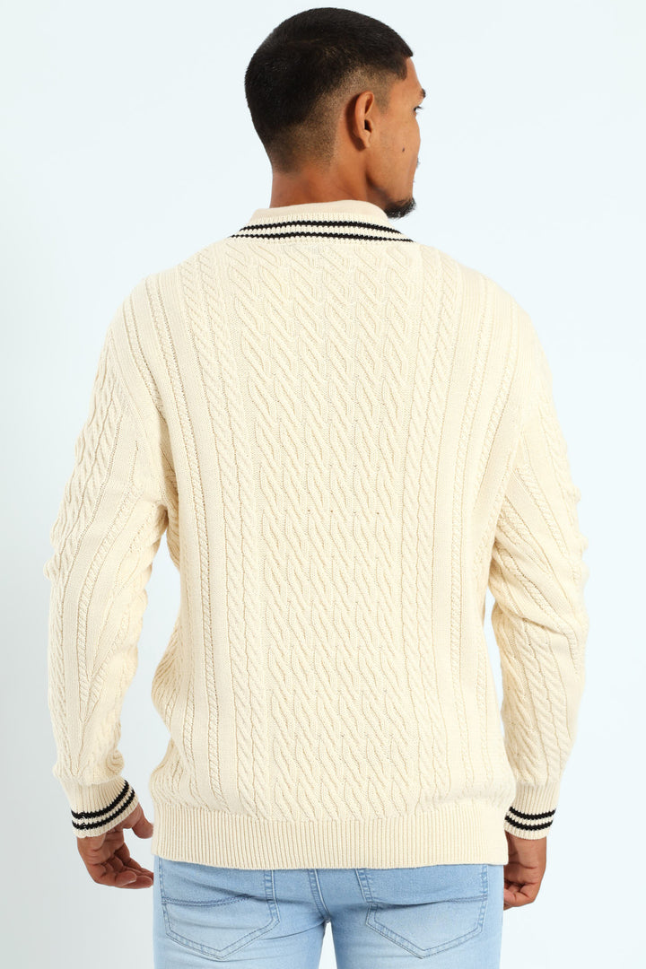 Cable V-Neck Jersey - Stone