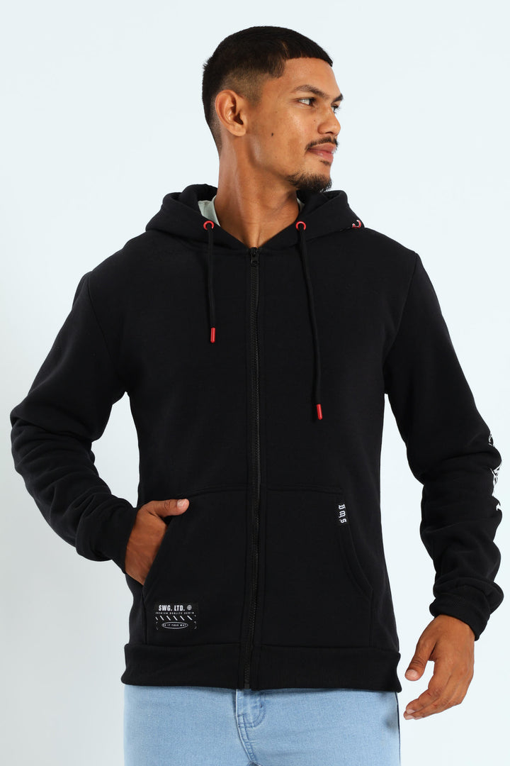 Back Sleeve Fleece Printed Hoodie - Black