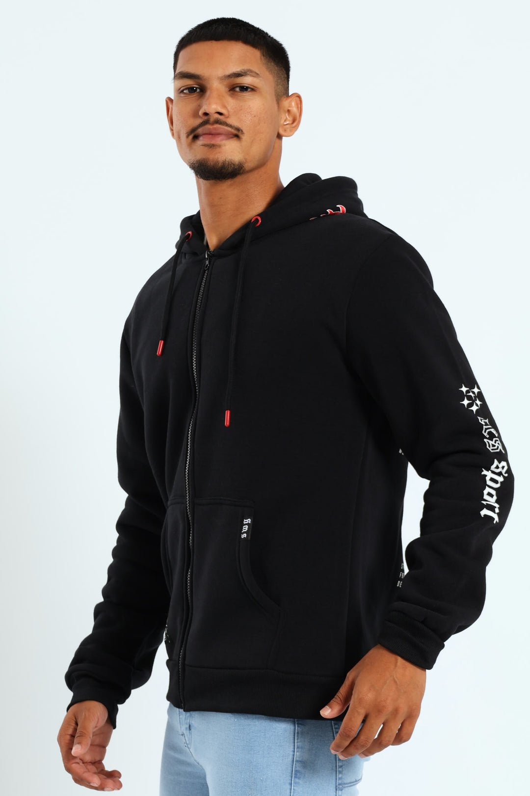 Back Sleeve Fleece Printed Hoodie - Black