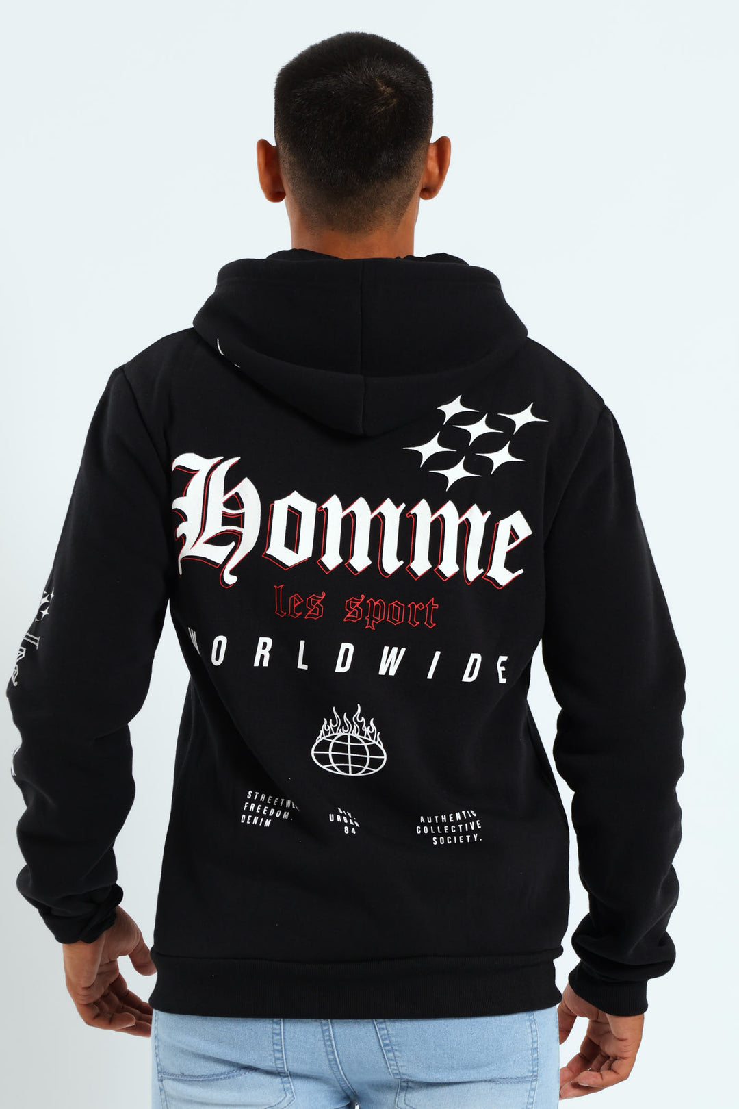 Back Sleeve Fleece Printed Hoodie - Black