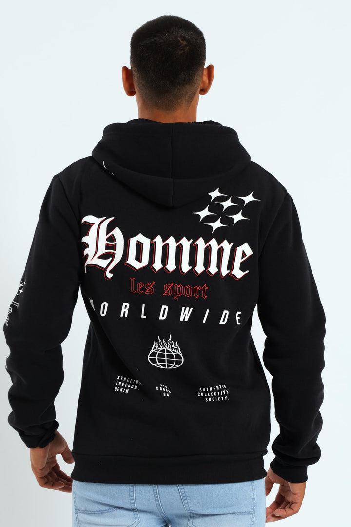 Back Sleeve Fleece Printed Hoodie - Black