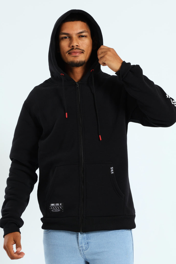 Back Sleeve Fleece Printed Hoodie - Black