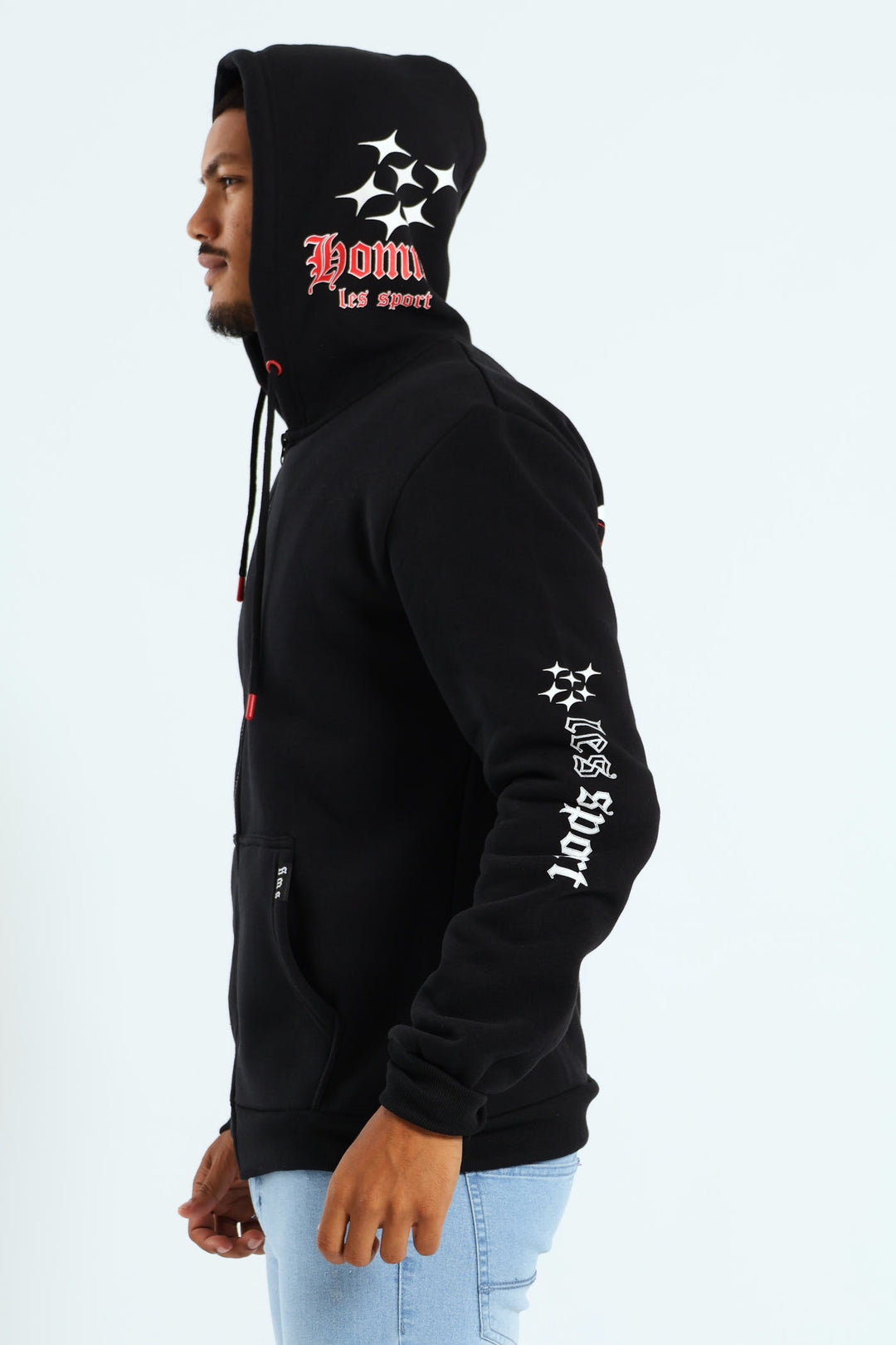 Back Sleeve Fleece Printed Hoodie - Black