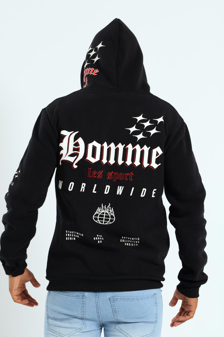Back Sleeve Fleece Printed Hoodie - Black