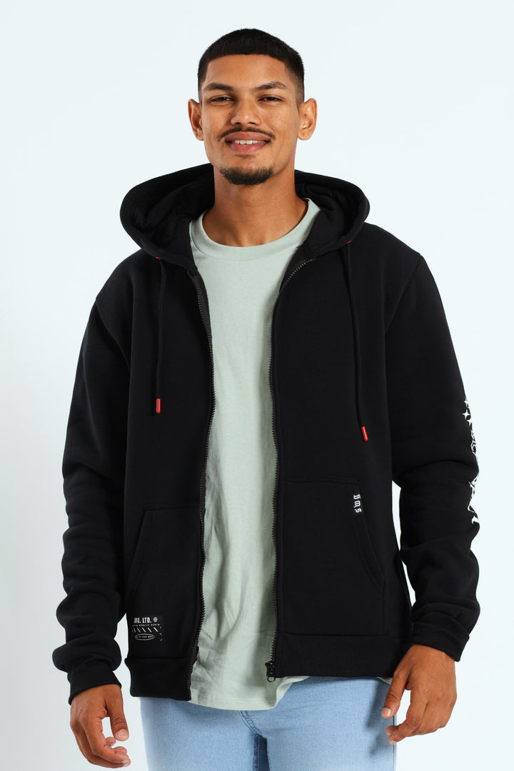 Back Sleeve Fleece Printed Hoodie - Black