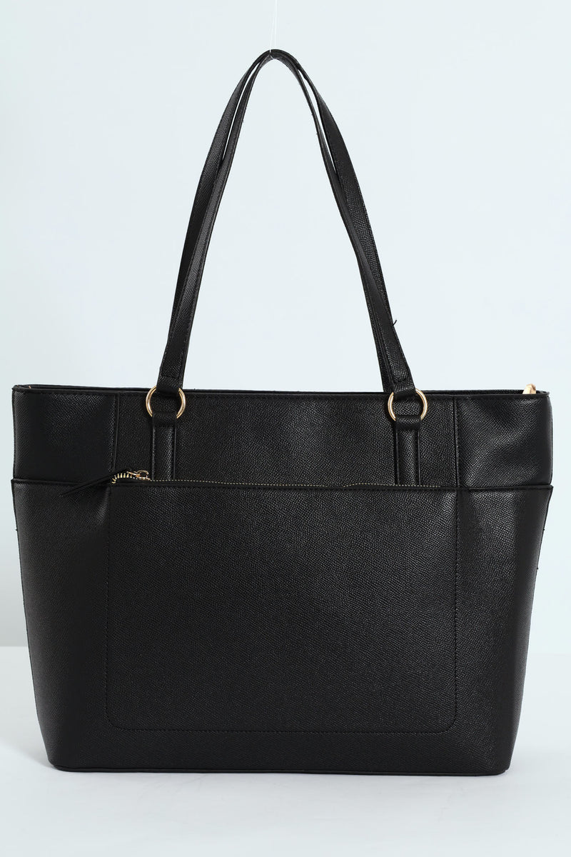 Front Zip Gold Ring Shopper Bag - Black