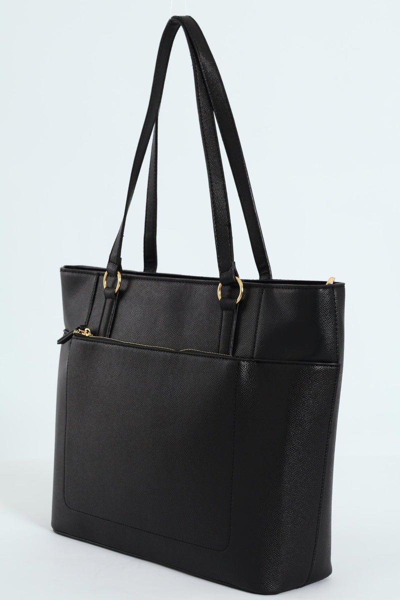 Front Zip Gold Ring Shopper Bag - Black