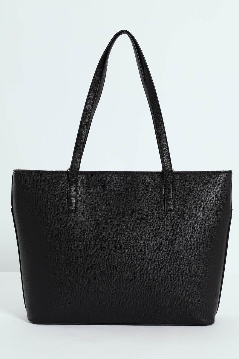 Front Zip Gold Ring Shopper Bag - Black