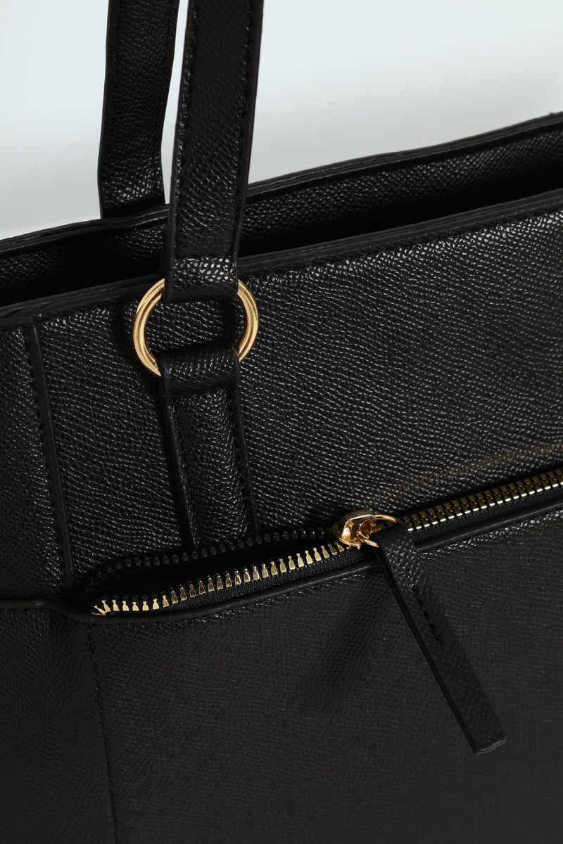 Front Zip Gold Ring Shopper Bag - Black