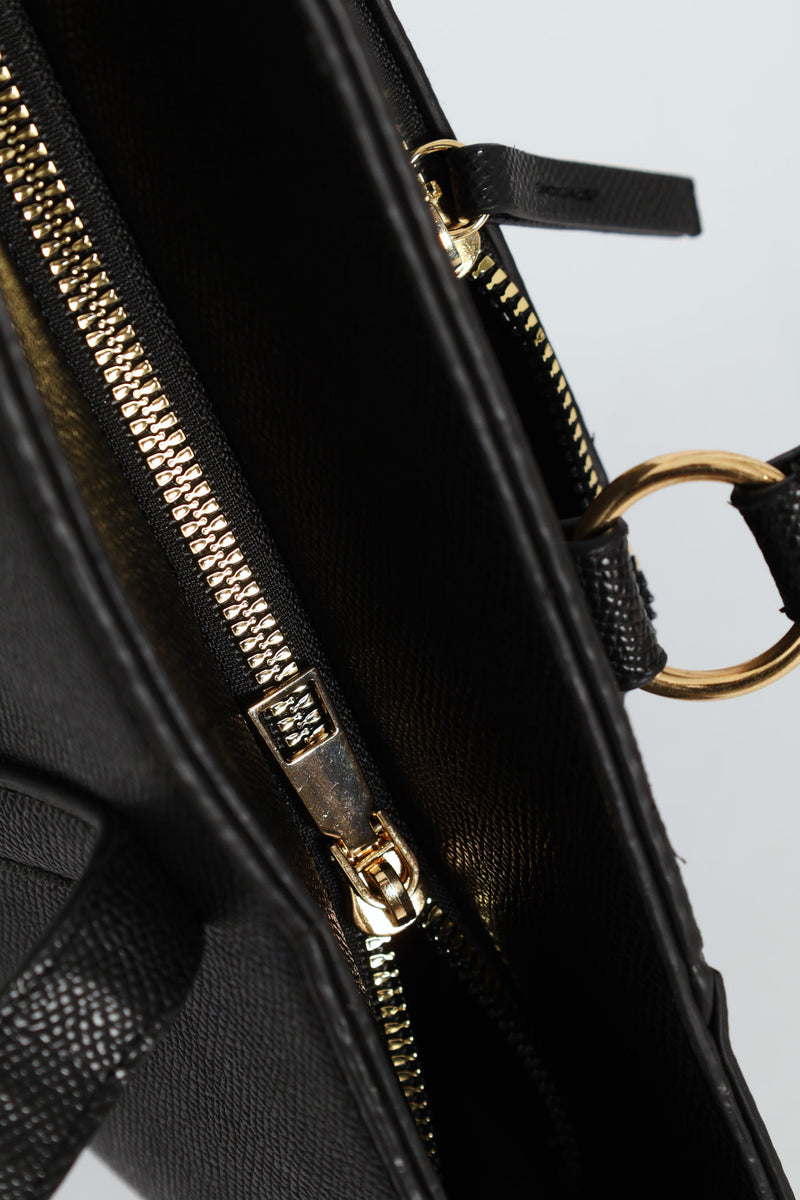 Front Zip Gold Ring Shopper Bag - Black