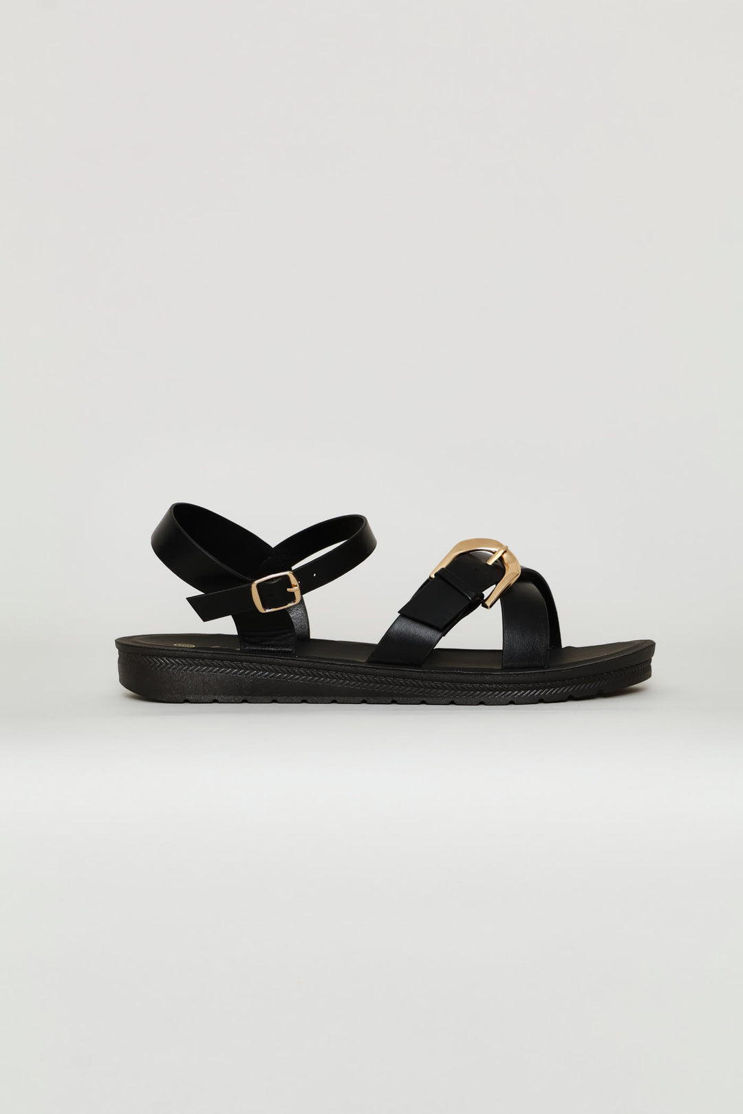 Ankle Strap & Buckle Detail Vamp Sandal - Black