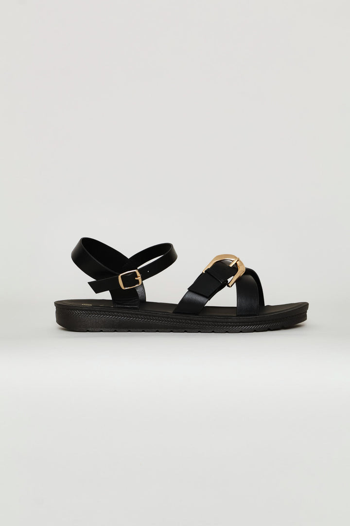 Ankle Strap & Buckle Detail Vamp Sandal - Black