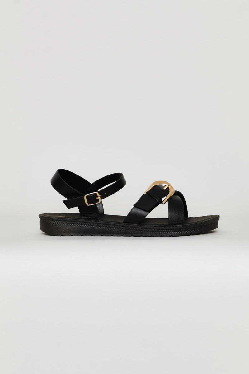 Ankle Strap & Buckle Detail Vamp Sandal - Black