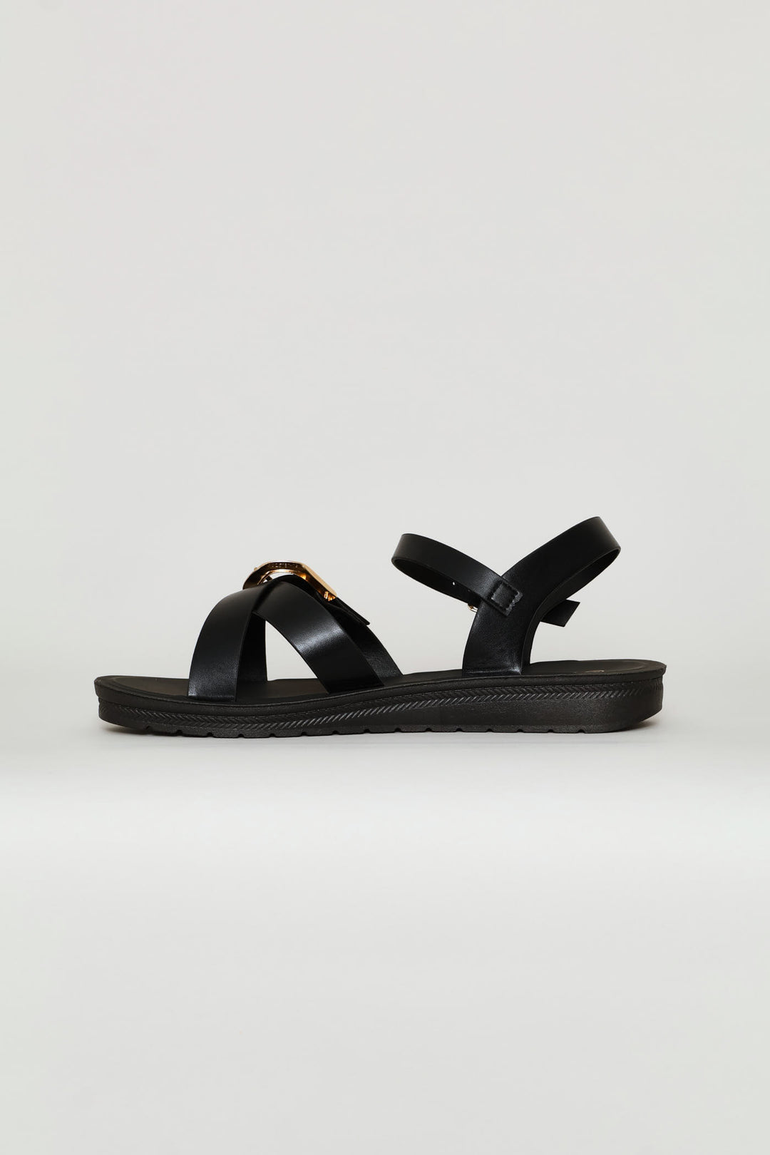 Ankle Strap & Buckle Detail Vamp Sandal - Black