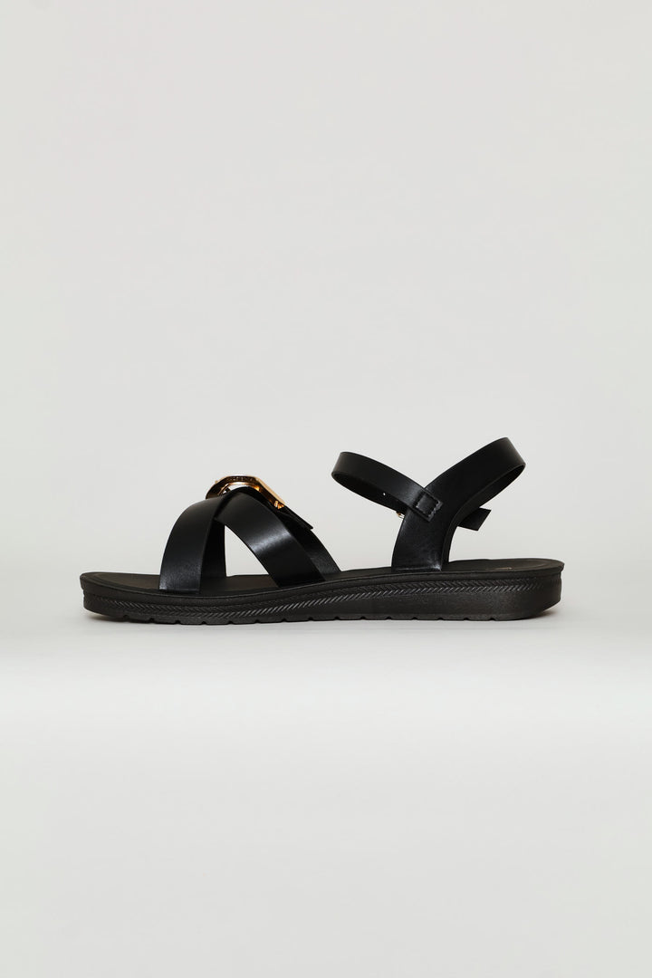 Ankle Strap & Buckle Detail Vamp Sandal - Black