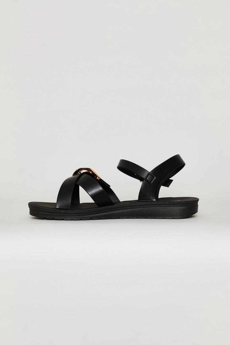 Ankle Strap & Buckle Detail Vamp Sandal - Black