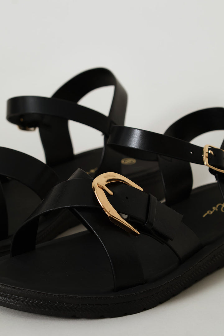 Ankle Strap & Buckle Detail Vamp Sandal - Black