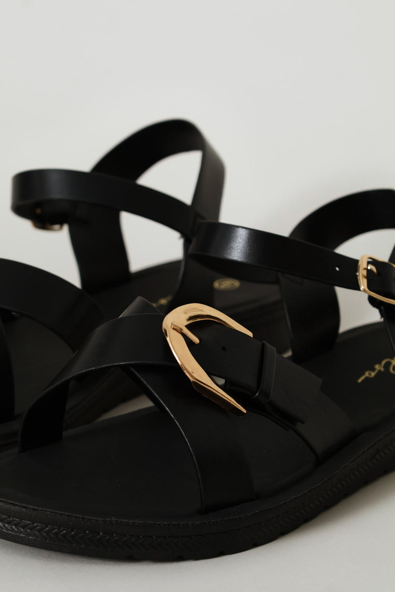 Ankle Strap & Buckle Detail Vamp Sandal - Black