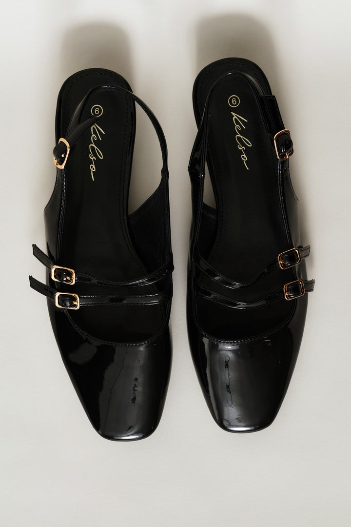 Double Buckle Mary Jane Slingback Mule - Black