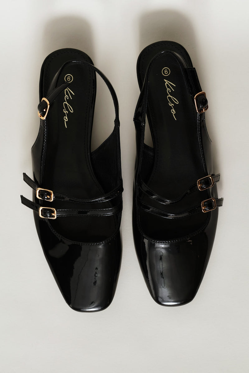Double Buckle Mary Jane Slingback Mule - Black