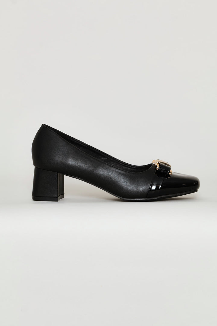 Square Toe Court Block Heel - Black