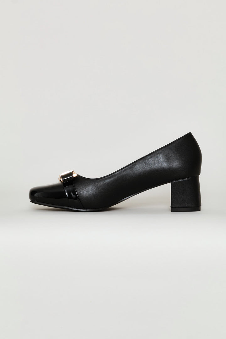 Square Toe Court Block Heel - Black