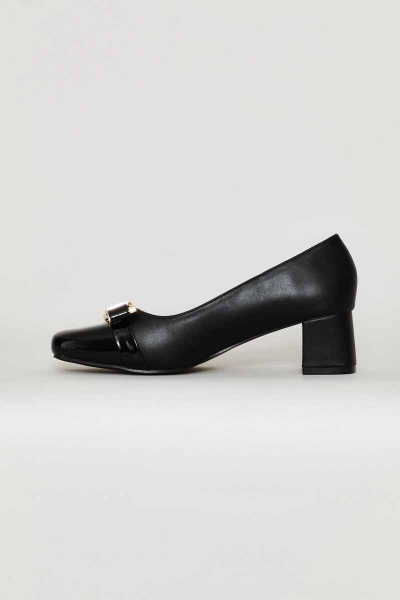 Square Toe Court Block Heel - Black