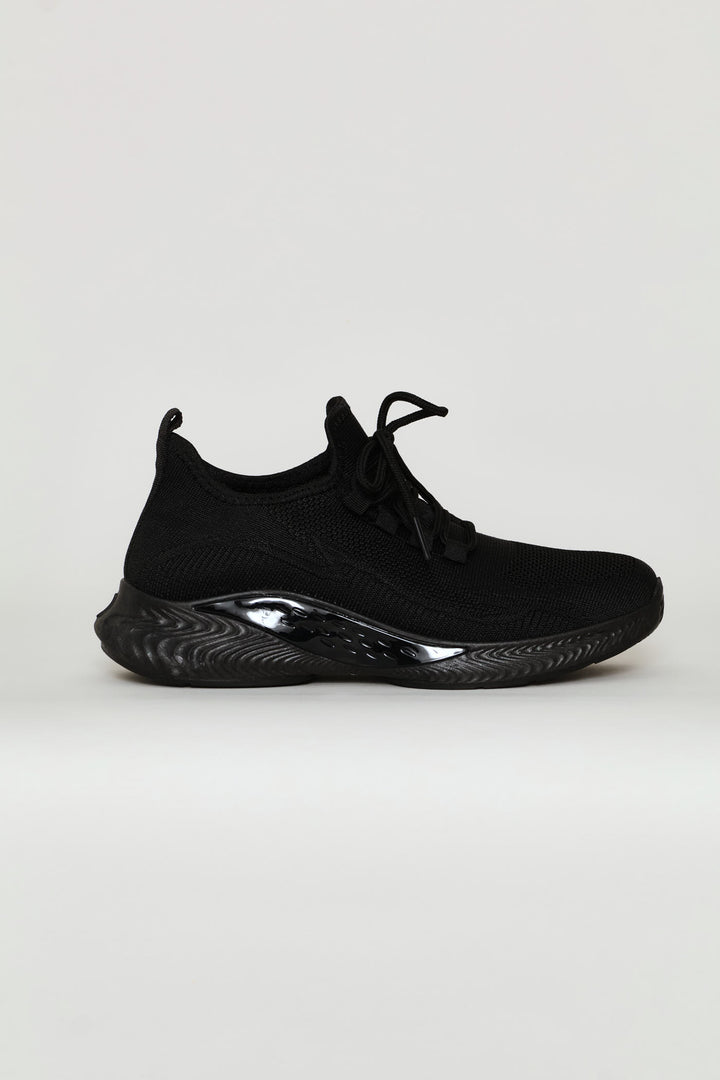 Basic Fly Knit Lace Up Slip On Sneaker - Black