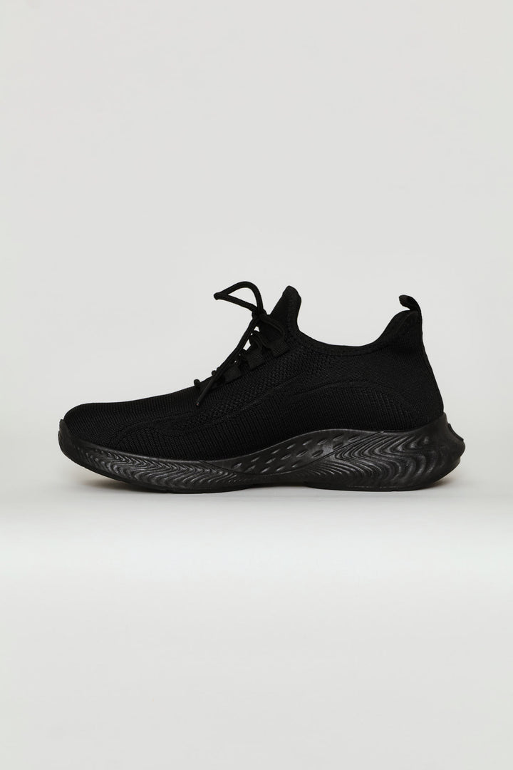 Basic Fly Knit Lace Up Slip On Sneaker - Black