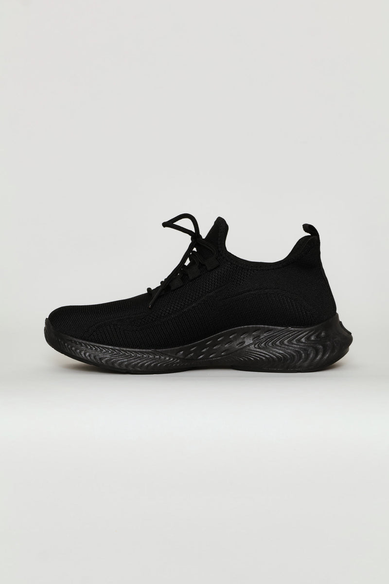 Basic Fly Knit Lace Up Slip On Sneaker - Black