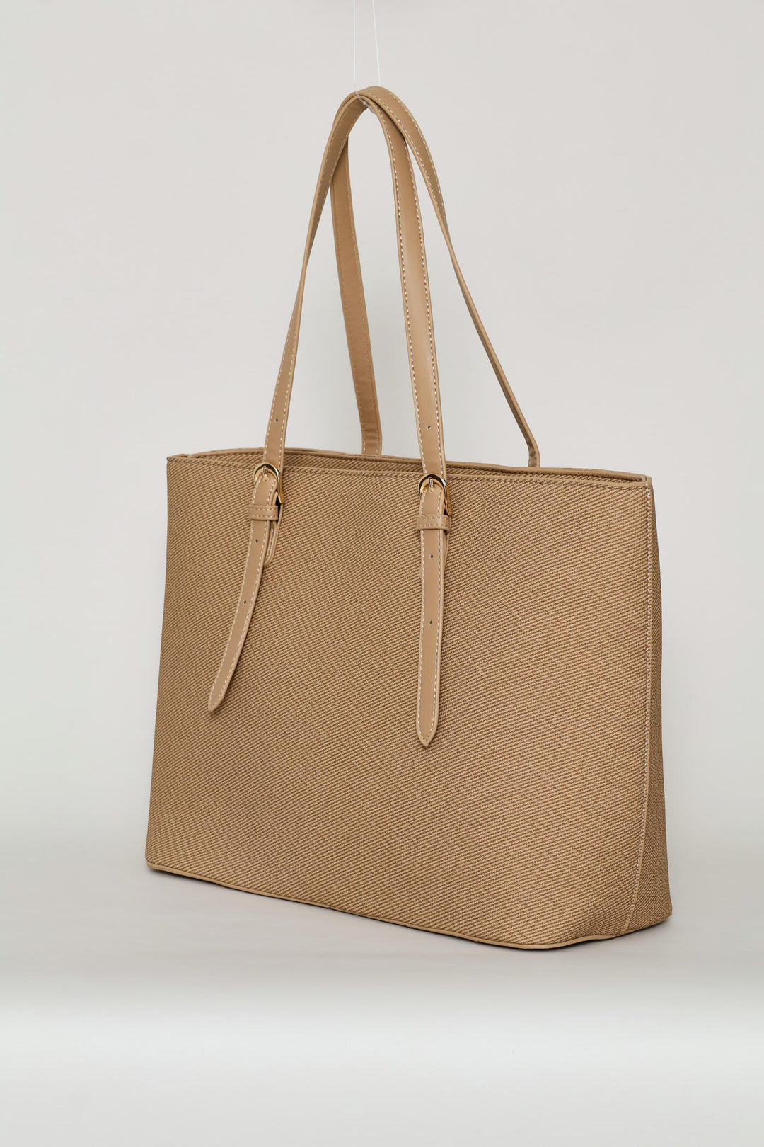 Gold Buckle Text Shopper - Beige