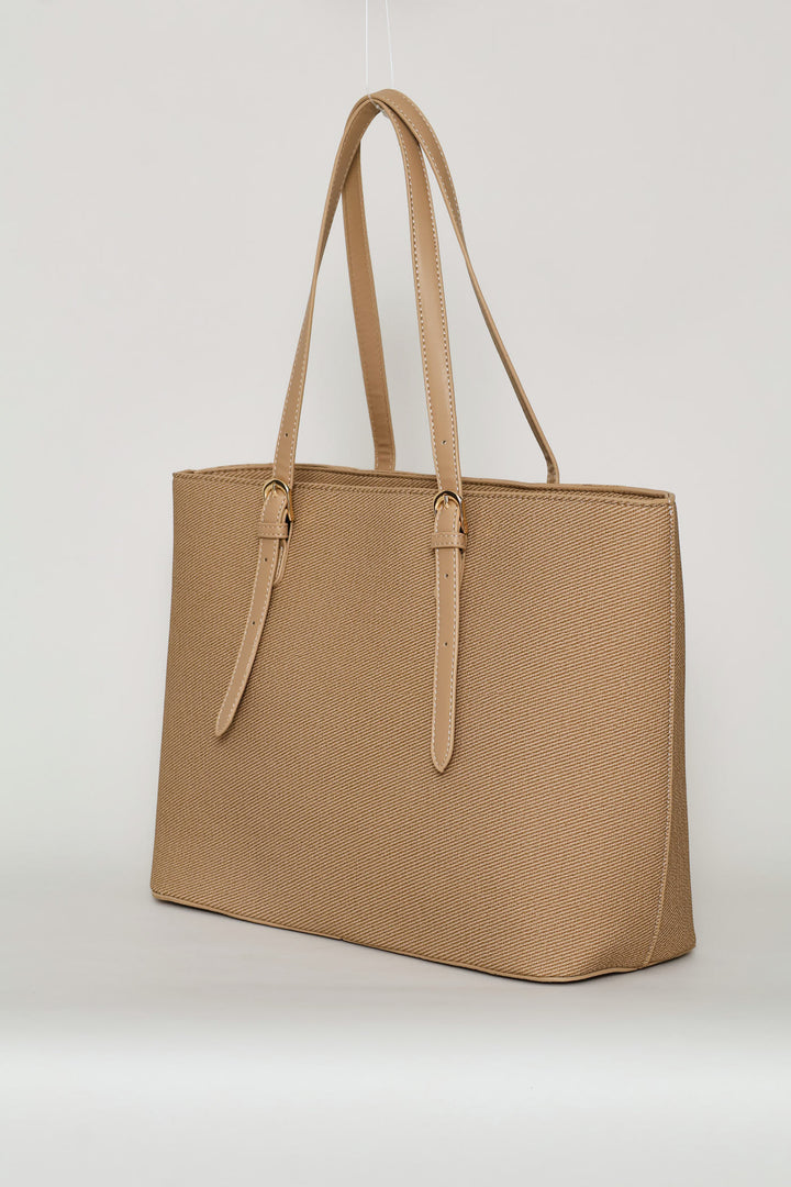 Gold Buckle Text Shopper - Beige