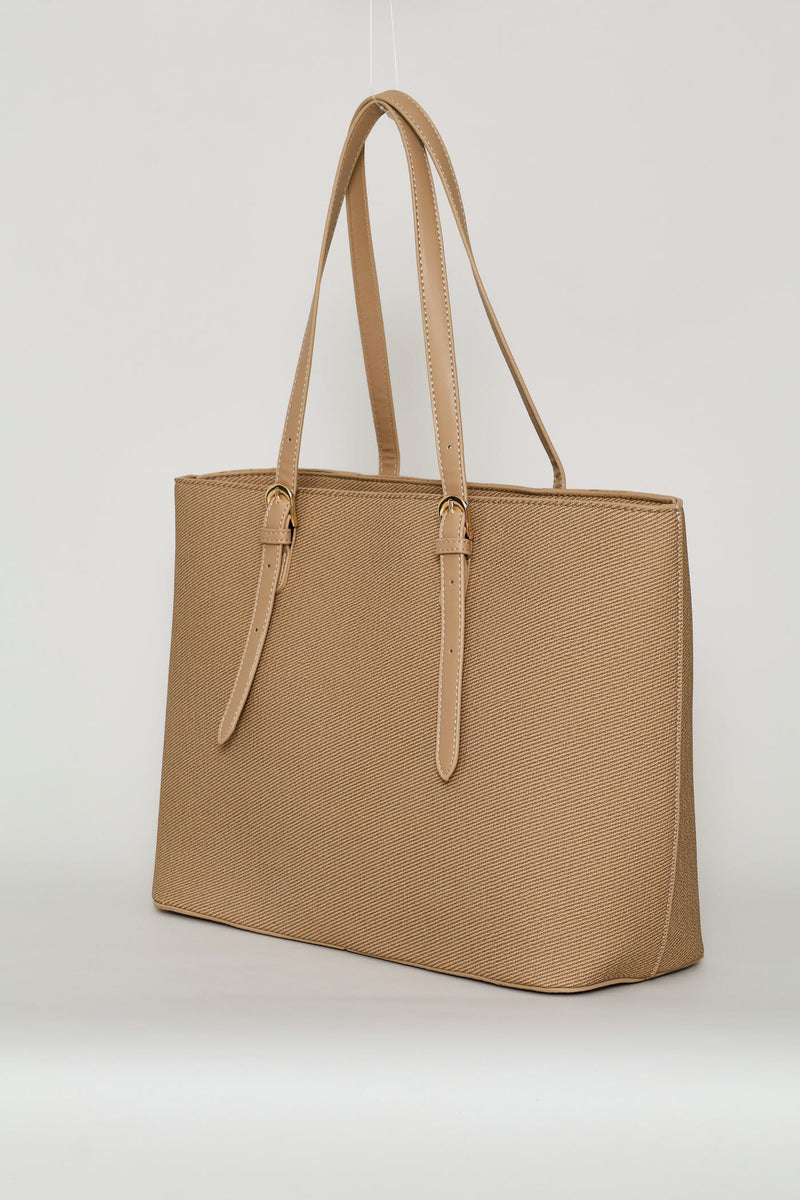 Gold Buckle Text Shopper - Beige