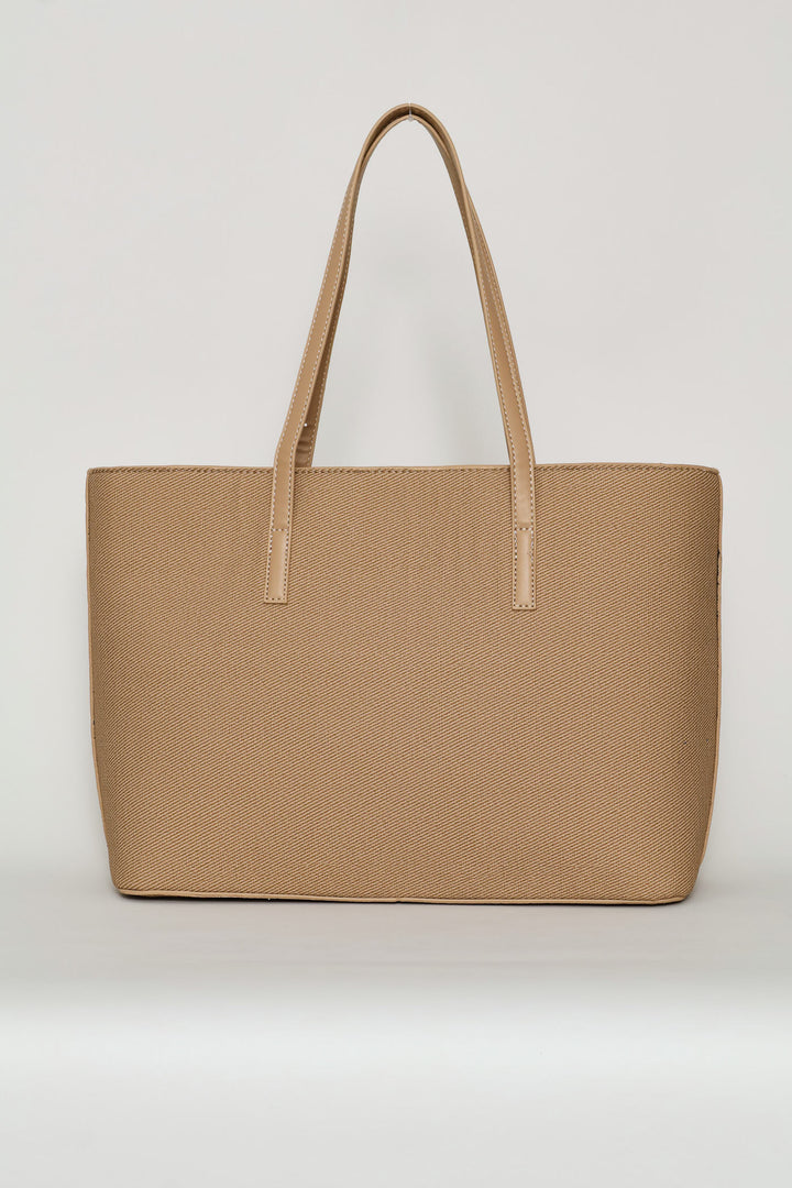 Gold Buckle Text Shopper - Beige