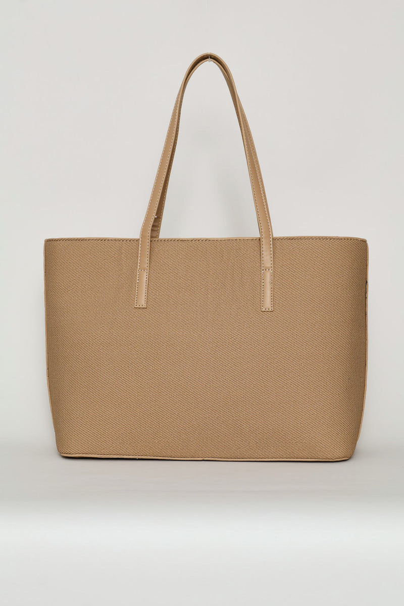 Gold Buckle Text Shopper - Beige