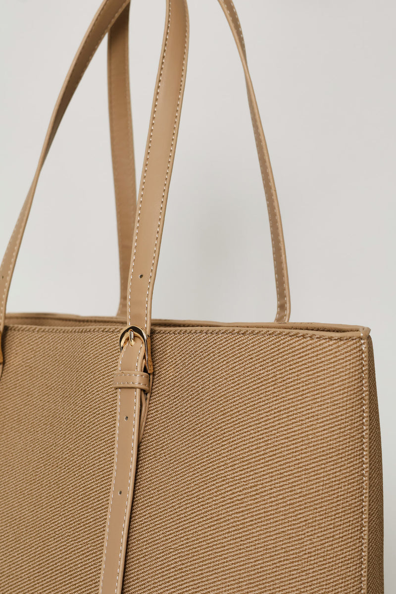 Gold Buckle Text Shopper - Beige
