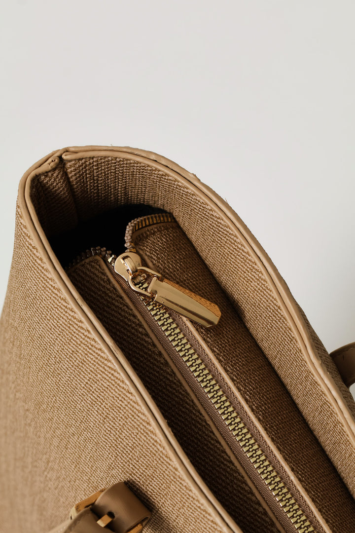Gold Buckle Text Shopper - Beige