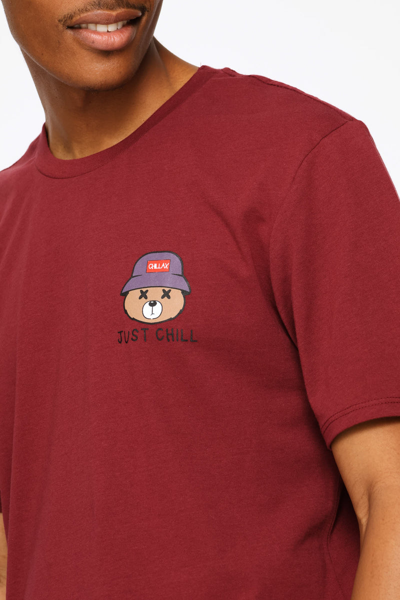 Just Chill Bear Chest Print Tee - Burgundy