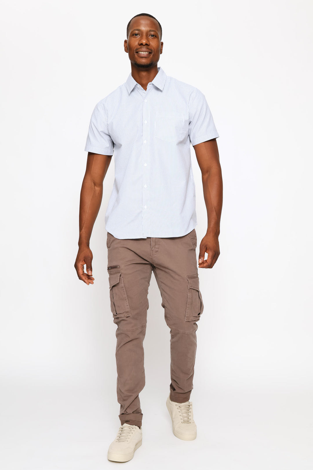 Short Sleeve Thin Stripe Regular Shirt - White/Fatigue/Blue