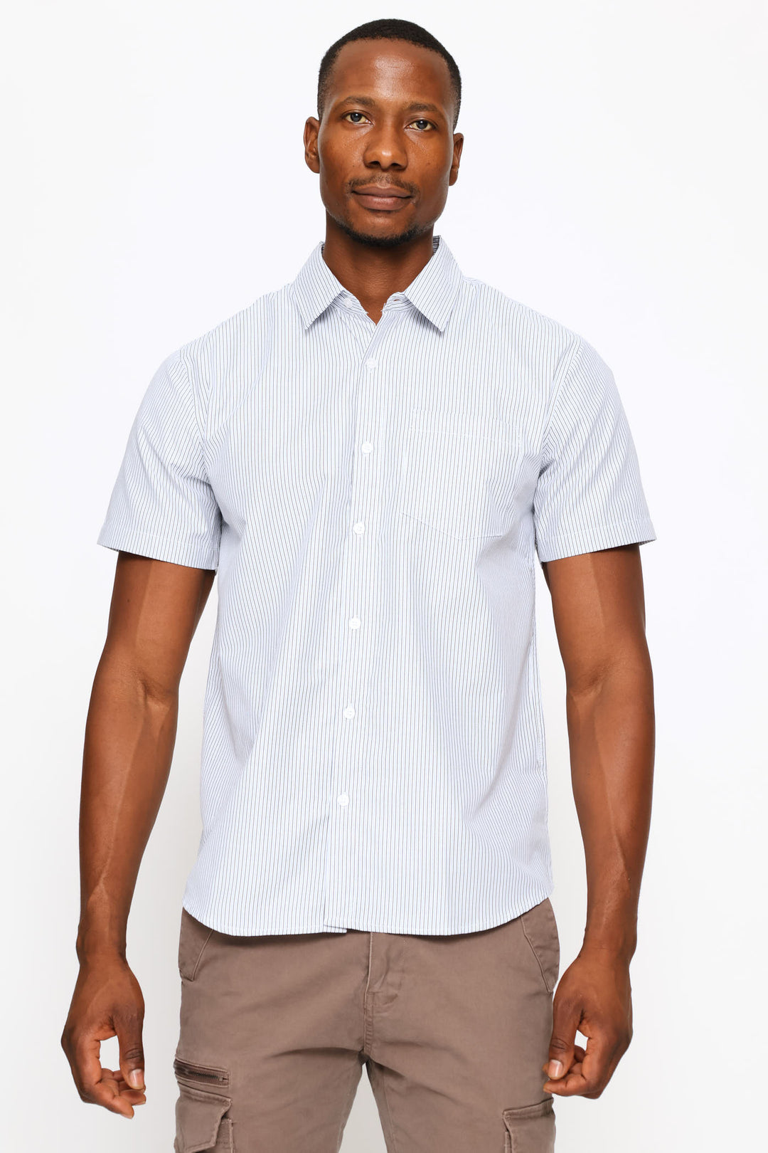 Short Sleeve Thin Stripe Regular Shirt - White/Fatigue/Blue