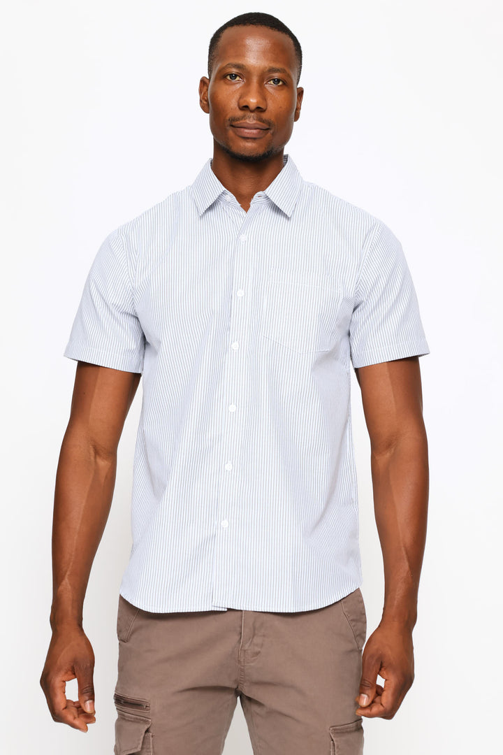 Short Sleeve Thin Stripe Regular Shirt - White/Fatigue/Blue